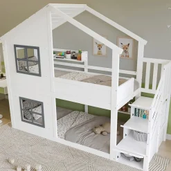 ModernLuxe Lit superposé enfant 90x200 cm avec fenêtre - avec échelle de rangement - bois massif + MDF - blanc + gris (sans matelas) Discount