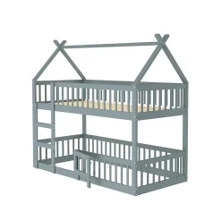 Okwish Lit Superposé Enfant 90x200 cm - avec escalier sécurisé et rangement, Bois Massif + MDF - Gris, sans matelas New