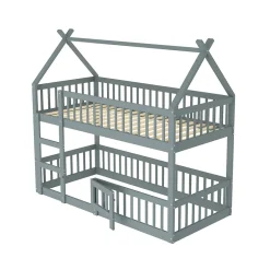 Okwish Lit Superposé Enfant 90x200 cm - avec escalier sécurisé et rangement, Bois Massif + MDF - Gris, sans matelas New