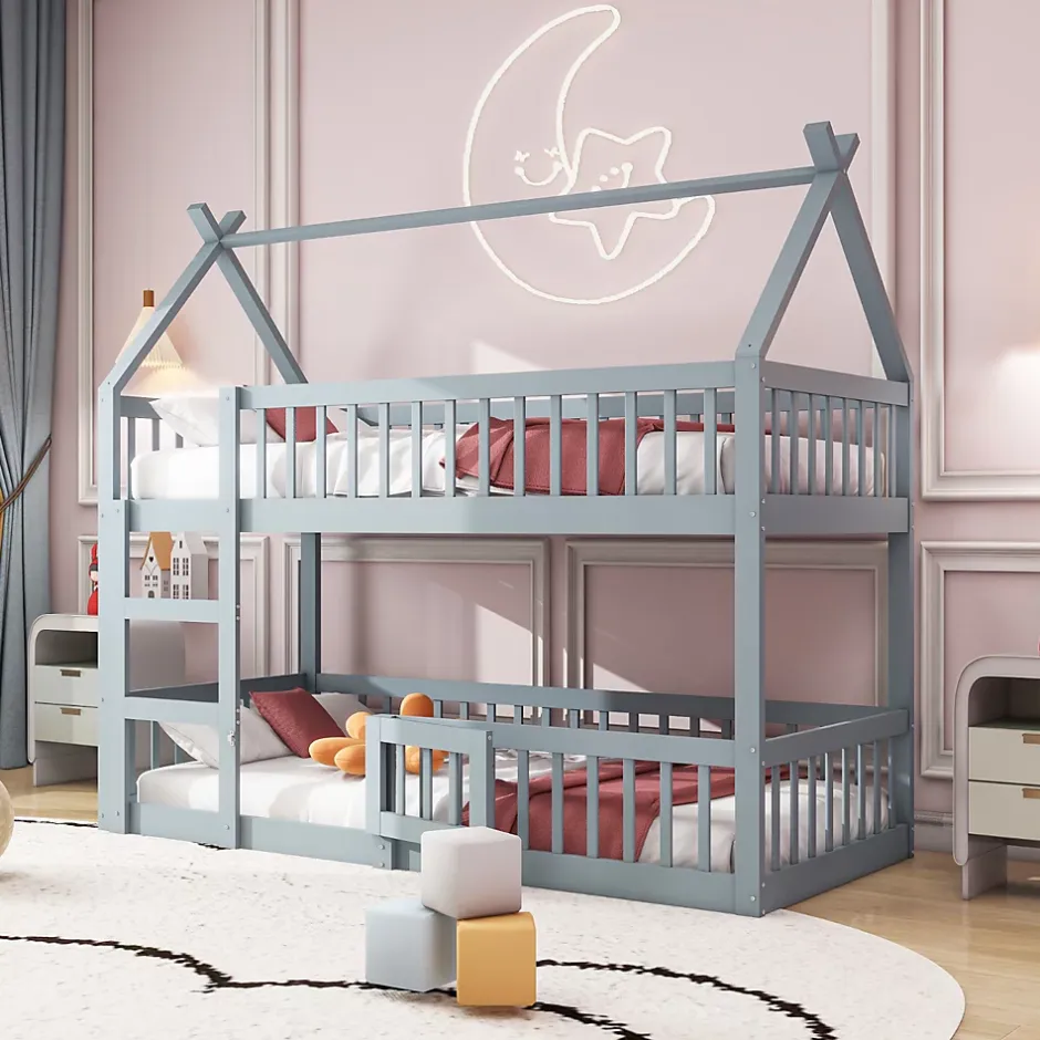 Okwish Lit Superposé Enfant 90x200 cm - avec escalier sécurisé et rangement, Bois Massif + MDF - Gris, sans matelas New