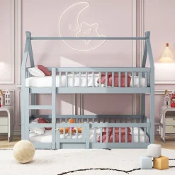 Okwish Lit Superposé Enfant 90x200 cm - avec escalier sécurisé et rangement, Bois Massif + MDF - Gris, sans matelas New