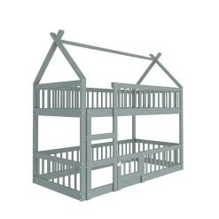 Okwish Lit Superposé Enfant 90x200 cm - avec escalier sécurisé et rangement, Bois Massif + MDF - Gris, sans matelas New