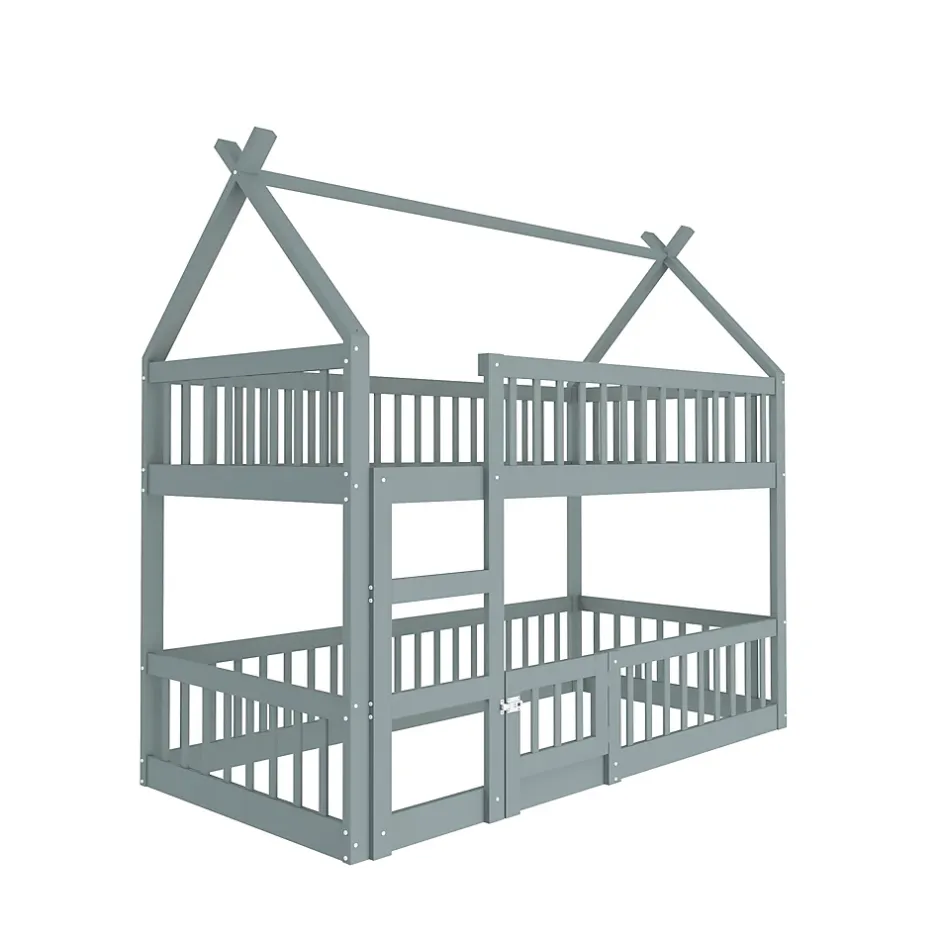 Okwish Lit Superposé Enfant 90x200 cm - avec escalier sécurisé et rangement, Bois Massif + MDF - Gris, sans matelas New