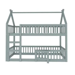 Okwish Lit Superposé Enfant 90x200 cm - avec escalier sécurisé et rangement, Bois Massif + MDF - Gris, sans matelas New