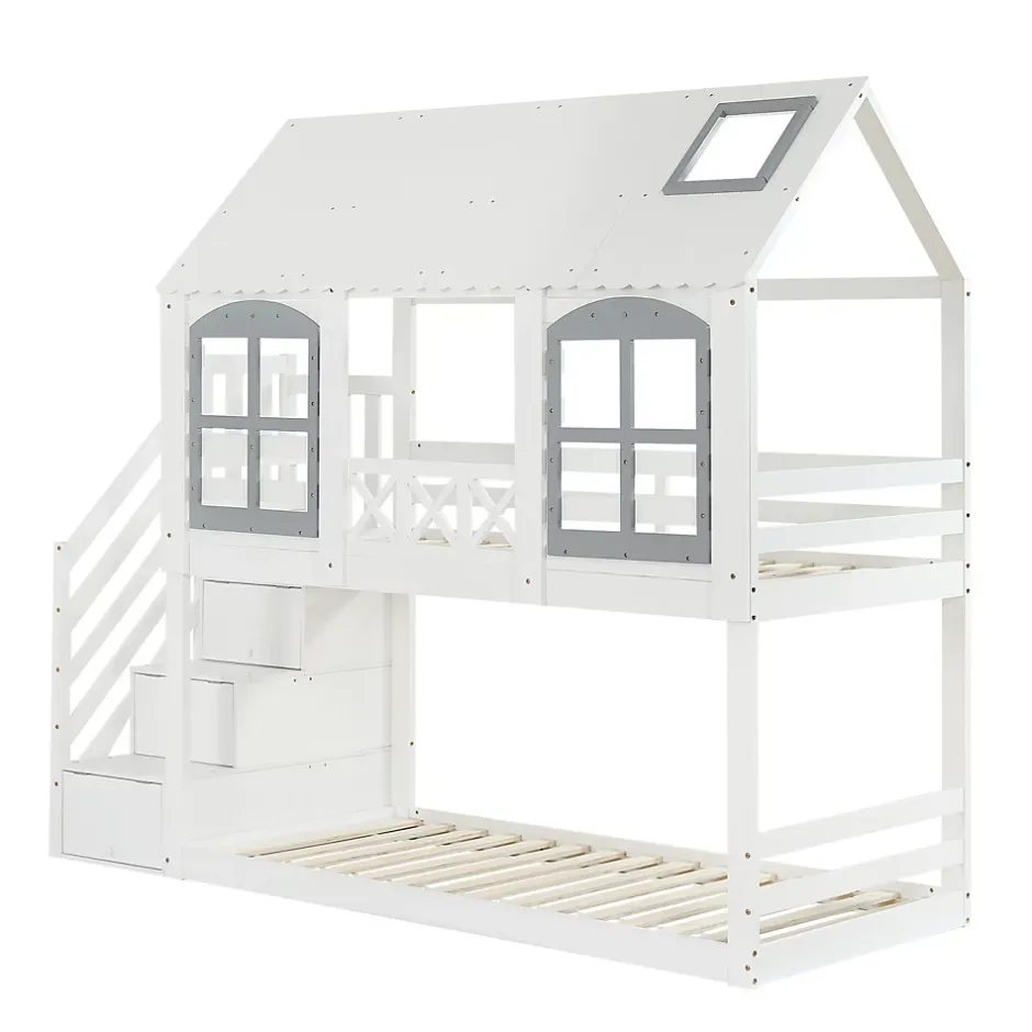 ProximaX Lit superposé enfant 90x200 cm blanc/gris en pin et MDF avec barrières de sécurité, 3 tiroirs et rangement Online