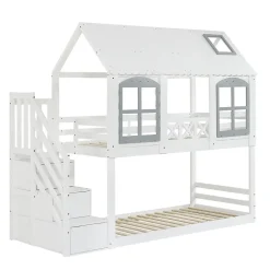 ProximaX Lit superposé enfant 90x200 cm blanc/gris en pin et MDF avec barrières de sécurité, 3 tiroirs et rangement Online