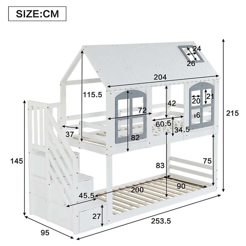 ProximaX Lit superposé enfant 90x200 cm blanc/gris en pin et MDF avec barrières de sécurité, 3 tiroirs et rangement Online