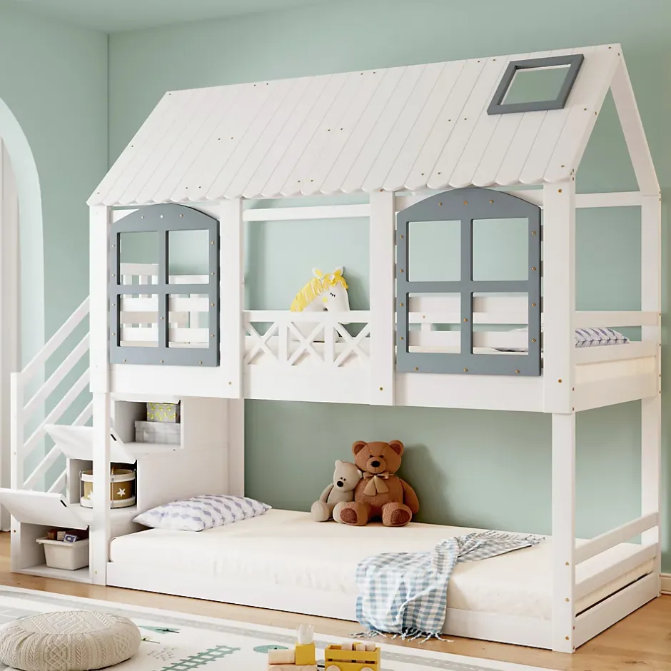 ProximaX Lit superposé enfant 90x200 cm blanc/gris en pin et MDF avec barrières de sécurité, 3 tiroirs et rangement Online