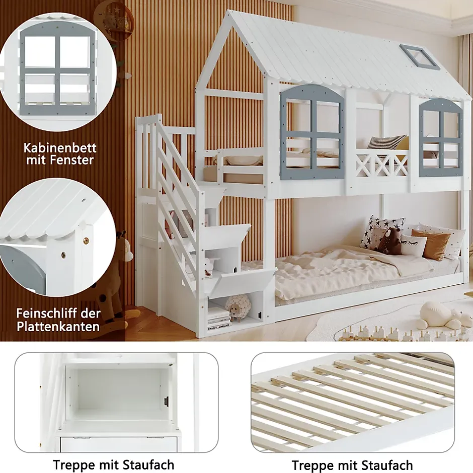 ProximaX Lit superposé enfant 90x200 cm blanc/gris en pin et MDF avec barrières de sécurité, 3 tiroirs et rangement Online