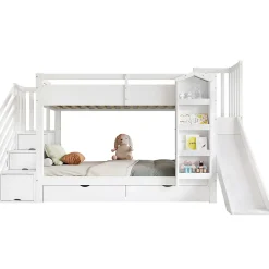 ModernLuxe Lit superposé enfant 90x200 cm avec escalier de rangement et toboggan - bibliothèque illustrée - 2 tiroirs - blanc (sans matelas) Outlet