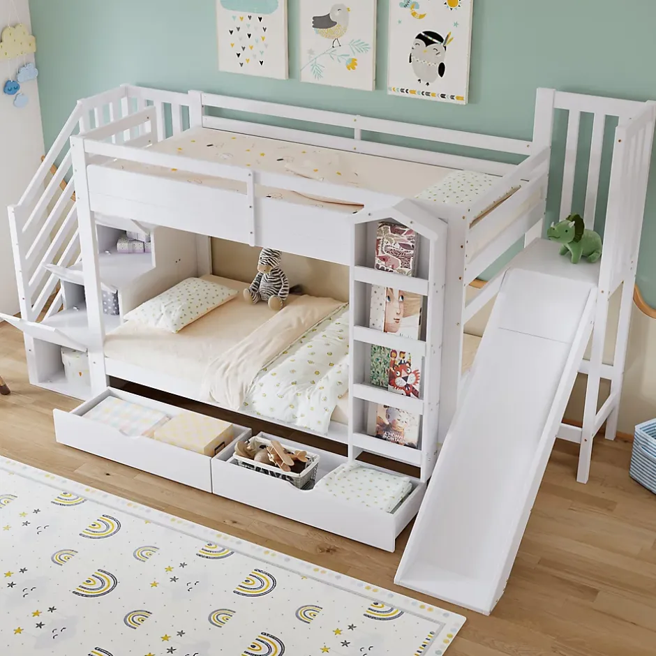 ModernLuxe Lit superposé enfant 90x200 cm avec escalier de rangement et toboggan - bibliothèque illustrée - 2 tiroirs - blanc (sans matelas) Outlet