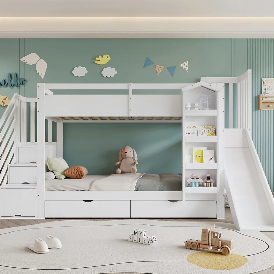 ModernLuxe Lit superposé enfant 90x200 cm avec escalier de rangement et toboggan - bibliothèque illustrée - 2 tiroirs - blanc (sans matelas) Outlet