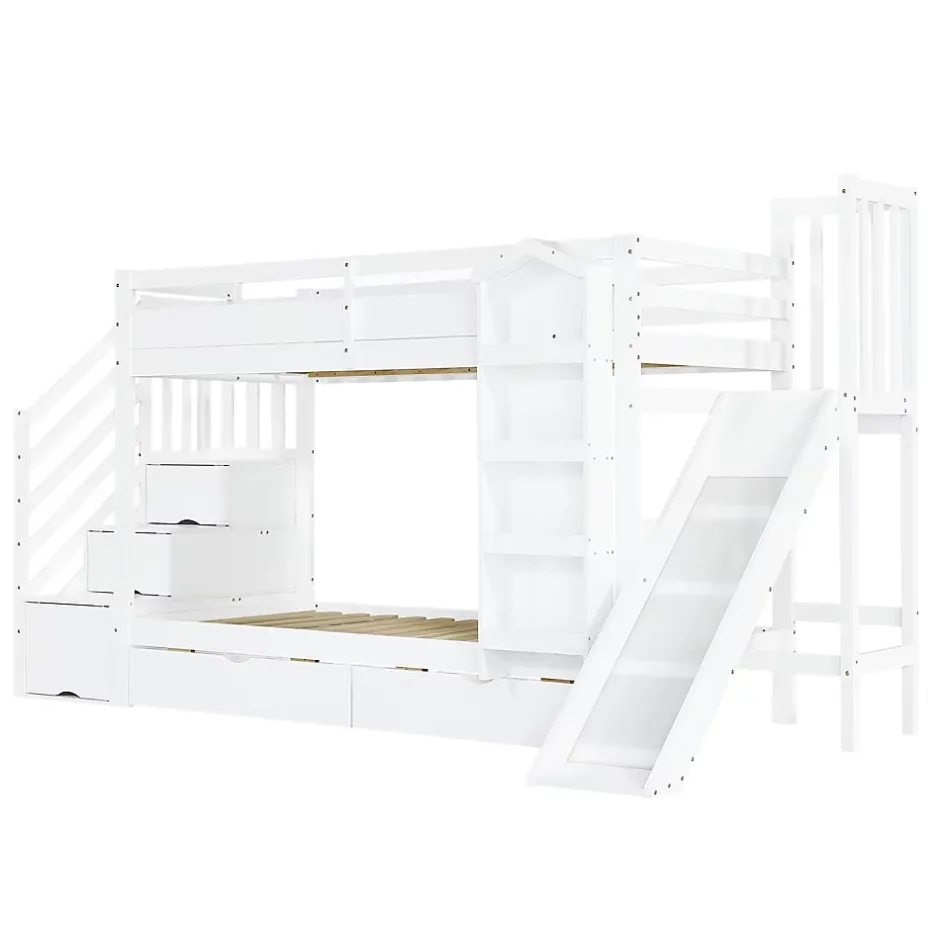 ModernLuxe Lit superposé enfant 90x200 cm avec escalier de rangement et toboggan - bibliothèque illustrée - 2 tiroirs - blanc (sans matelas) Outlet