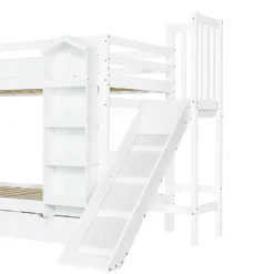 ModernLuxe Lit superposé enfant 90x200 cm avec escalier de rangement et toboggan - bibliothèque illustrée - 2 tiroirs - blanc (sans matelas) Outlet