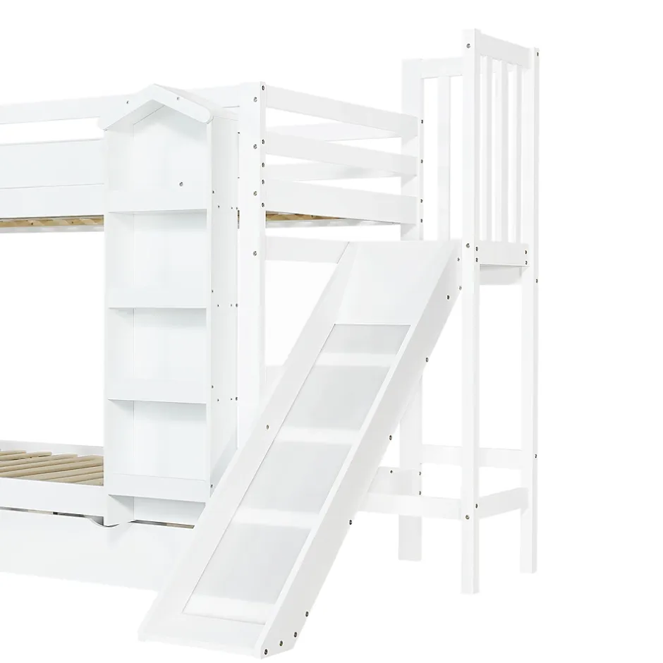 ModernLuxe Lit superposé enfant 90x200 cm avec escalier de rangement et toboggan - bibliothèque illustrée - 2 tiroirs - blanc (sans matelas) Outlet