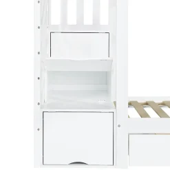 ModernLuxe Lit superposé enfant 90x200 cm avec escalier de rangement et toboggan - bibliothèque illustrée - 2 tiroirs - blanc (sans matelas) Outlet