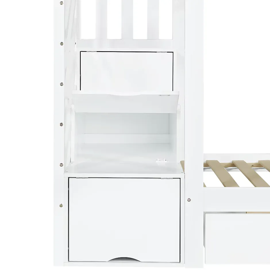 ModernLuxe Lit superposé enfant 90x200 cm avec escalier de rangement et toboggan - bibliothèque illustrée - 2 tiroirs - blanc (sans matelas) Outlet