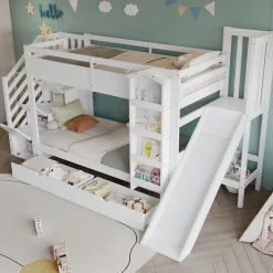 ModernLuxe Lit superposé enfant 90x200 cm avec escalier de rangement et toboggan - bibliothèque illustrée - 2 tiroirs - blanc (sans matelas) Outlet
