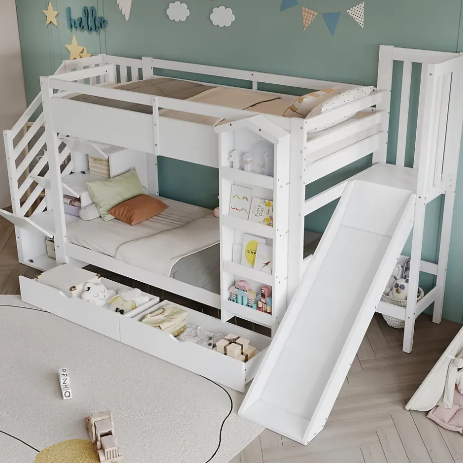 ModernLuxe Lit superposé enfant 90x200 cm avec escalier de rangement et toboggan - bibliothèque illustrée - 2 tiroirs - blanc (sans matelas) Outlet