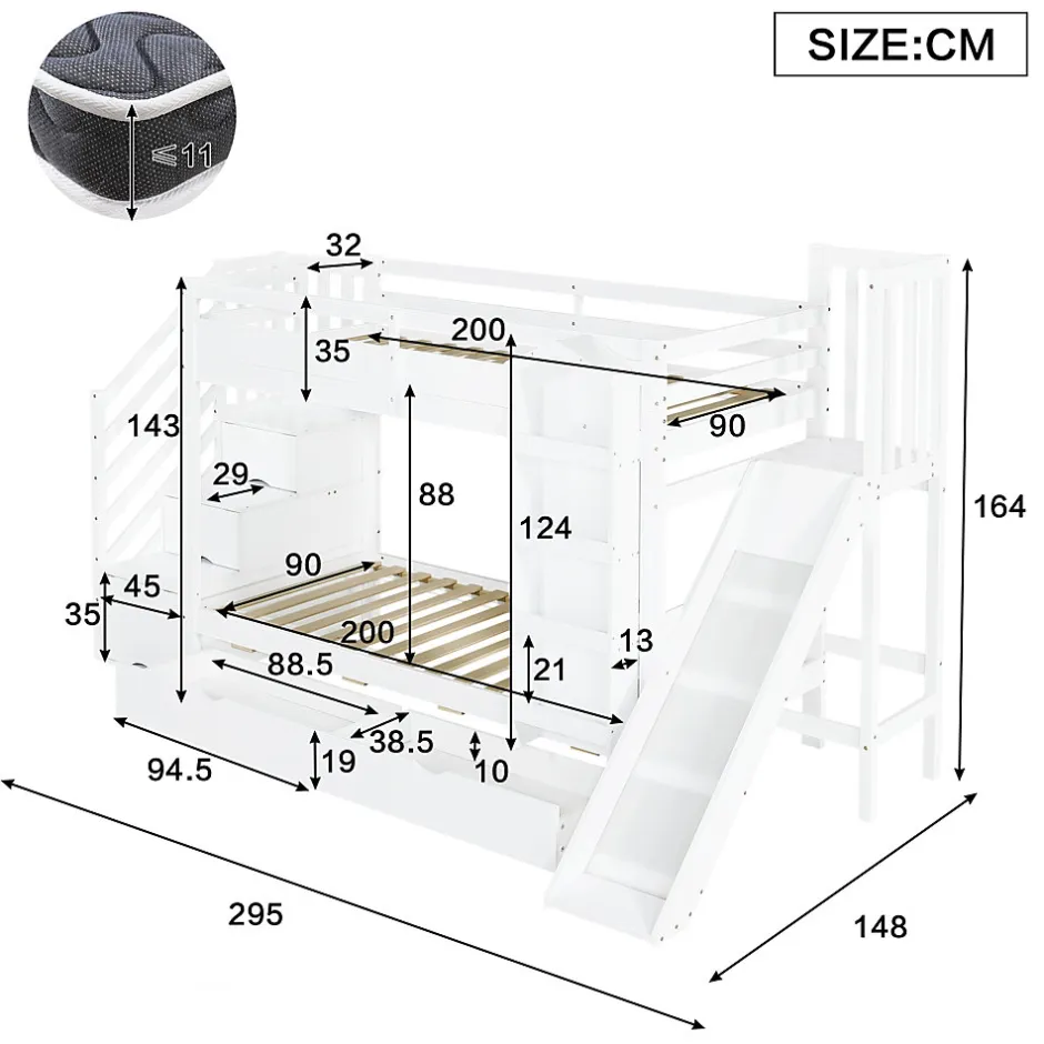 ModernLuxe Lit superposé enfant 90x200 cm avec escalier de rangement et toboggan - bibliothèque illustrée - 2 tiroirs - blanc (sans matelas) Outlet