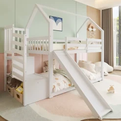 Enfant Okwish Lit Superposé Enfant 90x200 cm - Lit avec Toboggan et Escalier de Rangement - Cadre Bois MDF - Sans Matelas - Blanc