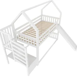 Enfant Okwish Lit Superposé Enfant 90x200 cm - Lit avec Toboggan et Escalier de Rangement - Cadre Bois MDF - Sans Matelas - Blanc