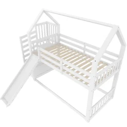 Enfant Okwish Lit Superposé Enfant 90x200 cm - Lit avec Toboggan et Escalier de Rangement - Cadre Bois MDF - Sans Matelas - Blanc