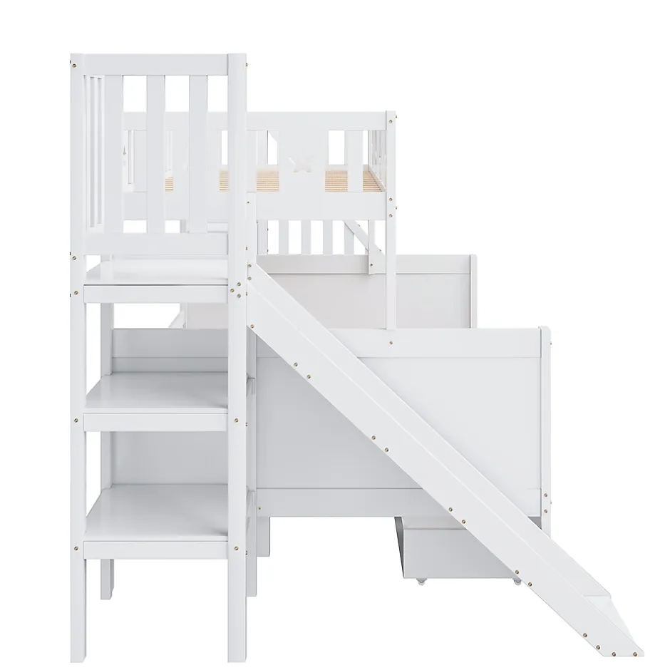 ProximaX Lit superposé enfant 90x200/140x200 cm en bois massif avec toboggan, escaliers sécurisés, 2 grands tiroirs et sommier, blanc Online
