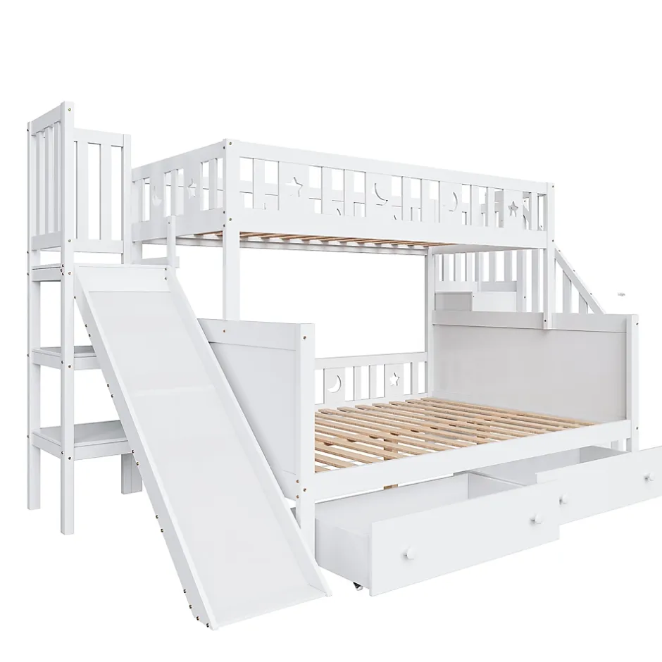 ProximaX Lit superposé enfant 90x200/140x200 cm en bois massif avec toboggan, escaliers sécurisés, 2 grands tiroirs et sommier, blanc Online