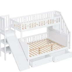 ProximaX Lit superposé enfant 90x200/140x200 cm en bois massif avec toboggan, escaliers sécurisés, 2 grands tiroirs et sommier, blanc Online