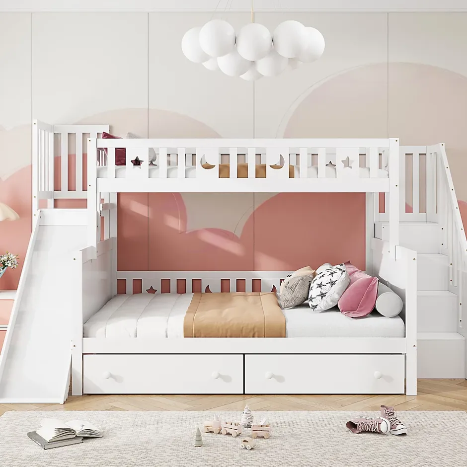 ProximaX Lit superposé enfant 90x200/140x200 cm en bois massif avec toboggan, escaliers sécurisés, 2 grands tiroirs et sommier, blanc Online
