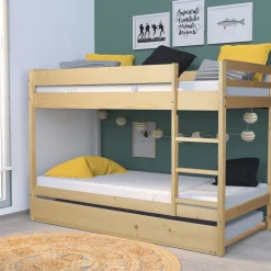 Enfant Bb Loisir Lit superposé et 1 lit tiroir 90x190 WILL Bois naturel incl. Sommier