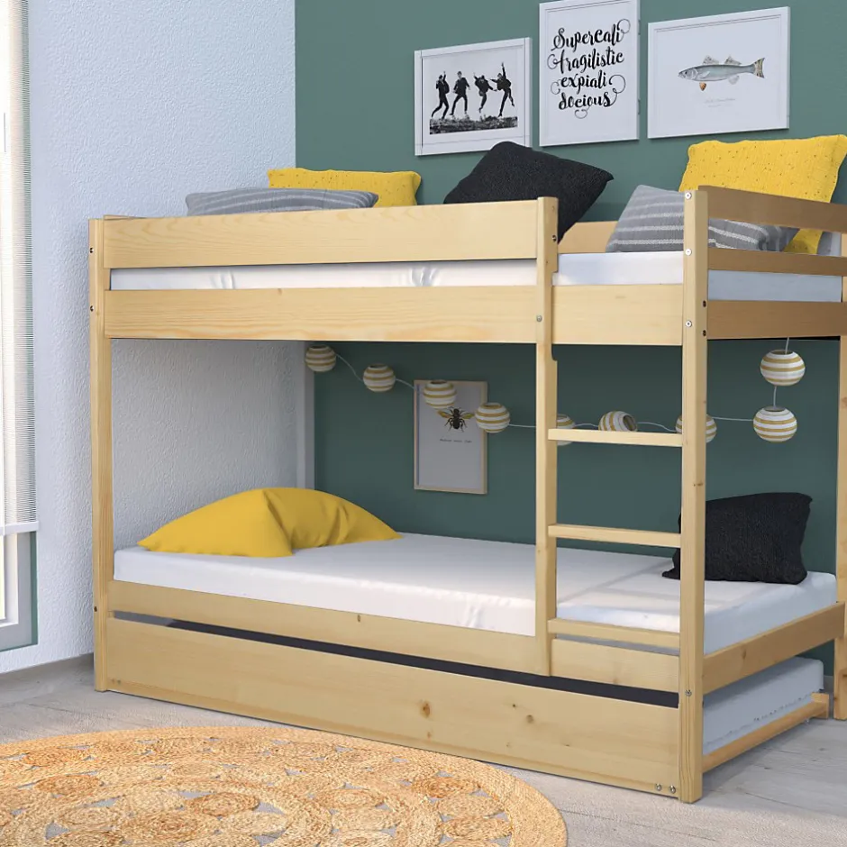 Enfant Bb Loisir Lit superposé et 1 lit tiroir 90x190 WILL Bois naturel incl. Sommier