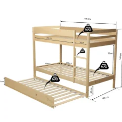 Enfant Bb Loisir Lit superposé et 1 lit tiroir 90x190 WILL Bois naturel incl. Sommier