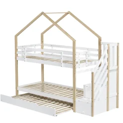 Enfant Fortuna lai Lit superposé extensible avec échelle 3 tiroirs, sécurité, cadre bois, naturel,blanc
