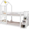 Urban Meuble Lit superposé lit enfant bois blanc escalier avec rangement 90x200cm