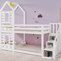 Urban Meuble Lit superposé lit enfant bois blanc escalier avec rangement 90x200cm