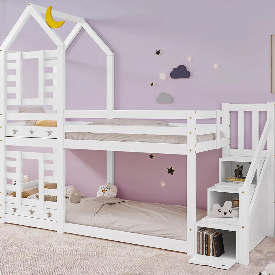 Urban Meuble Lit superposé lit enfant bois blanc escalier avec rangement 90x200cm