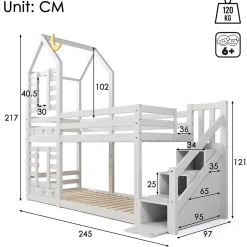 Urban Meuble Lit superposé lit enfant bois blanc escalier avec rangement 90x200cm