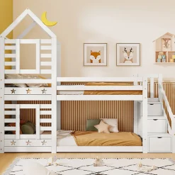 Urban Meuble Lit superposé lit enfant bois blanc escalier avec rangement 90x200cm