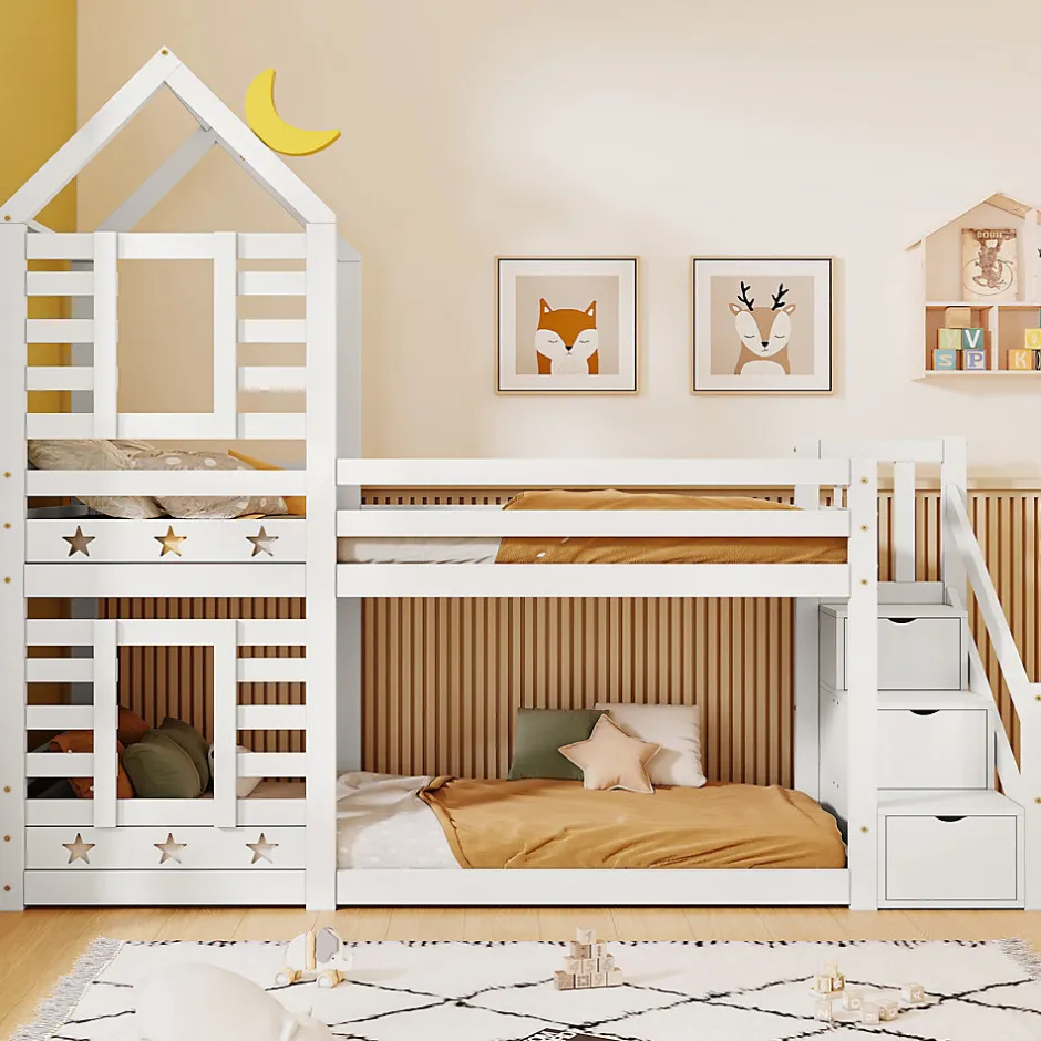 Urban Meuble Lit superposé lit enfant bois blanc escalier avec rangement 90x200cm