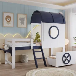 Redom Lit superposé mi-haut toit fenêtre tiroir roulettes échelle inclinée 2 marches pin MDF contreplaqué blanc bleu 90x200 Best