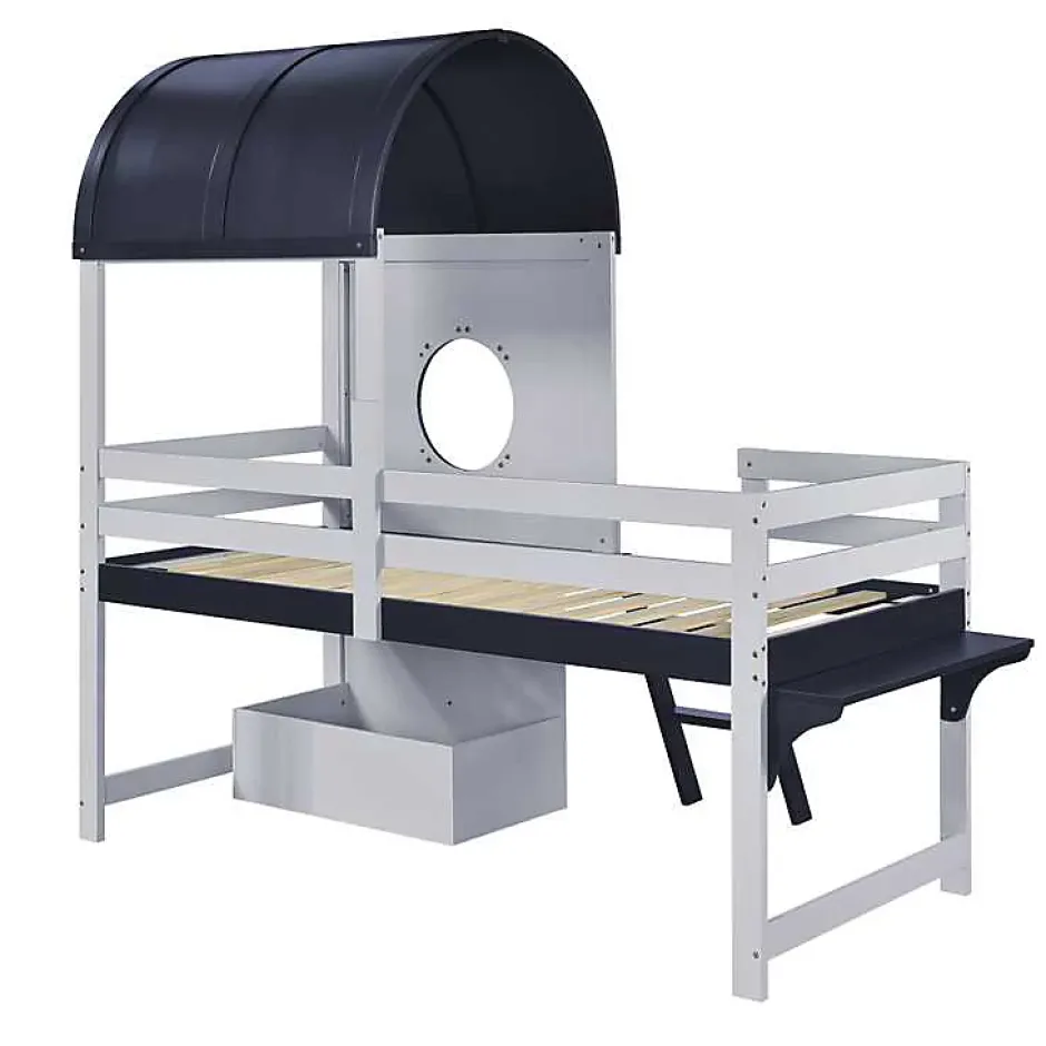 Redom Lit superposé mi-haut toit fenêtre tiroir roulettes échelle inclinée 2 marches pin MDF contreplaqué blanc bleu 90x200 Best