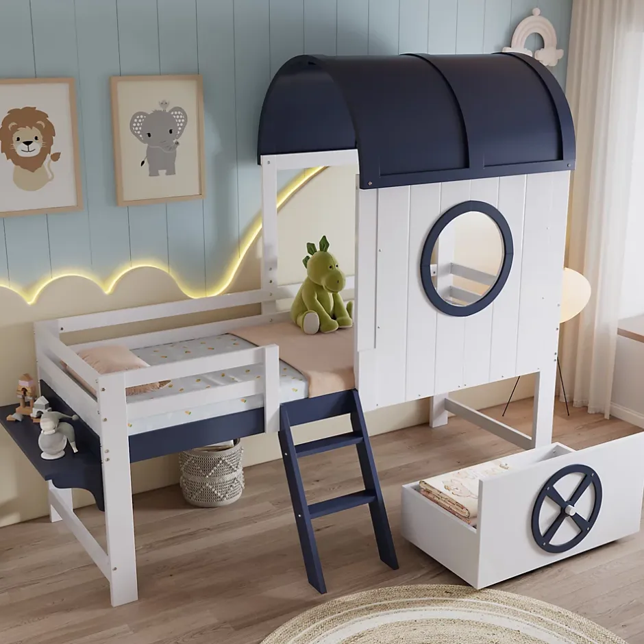 Redom Lit superposé mi-haut toit fenêtre tiroir roulettes échelle inclinée 2 marches pin MDF contreplaqué blanc bleu 90x200 Best
