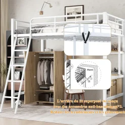 Simple Life Lit superposé métal, avec bureau, armoire, rangement, escalier incliné 4 marches, métal panneau blanc naturel, 90x200cm Discount