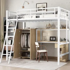 Simple Life Lit superposé métal, avec bureau, armoire, rangement, escalier incliné 4 marches, métal panneau blanc naturel, 90x200cm Discount