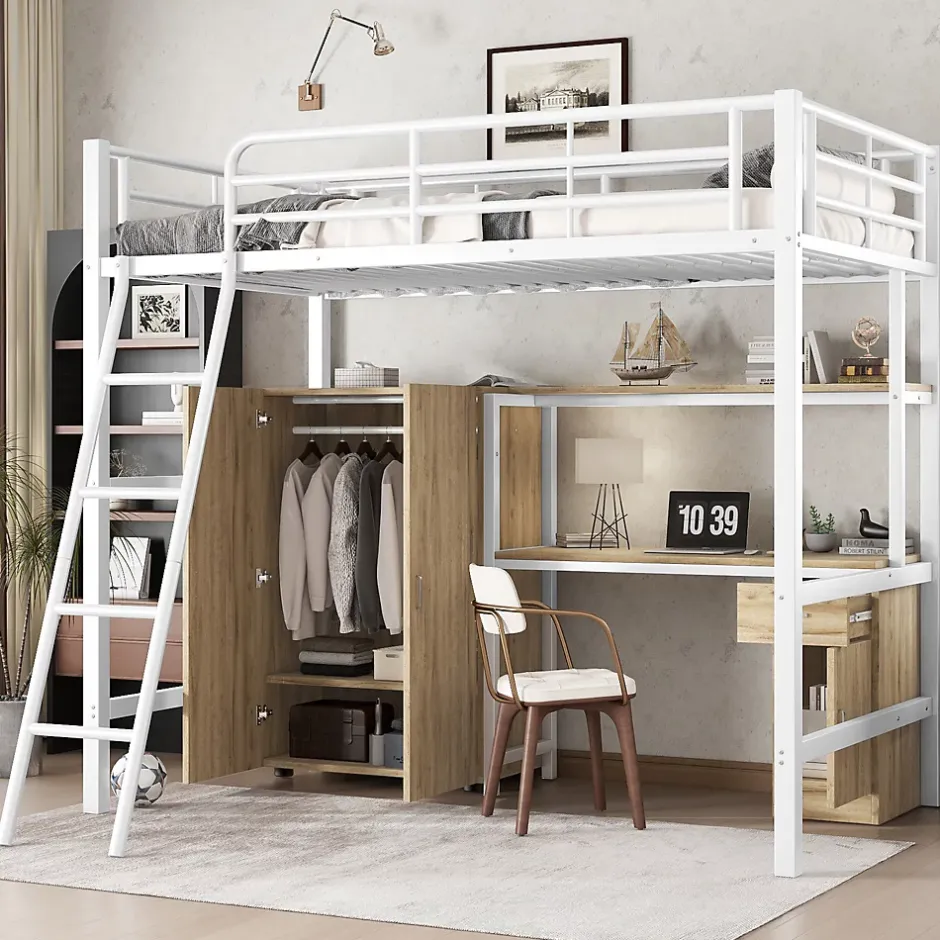 Simple Life Lit superposé métal, avec bureau, armoire, rangement, escalier incliné 4 marches, métal panneau blanc naturel, 90x200cm Discount