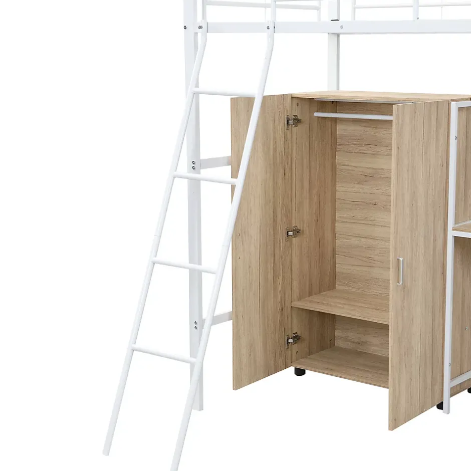 Simple Life Lit superposé métal, avec bureau, armoire, rangement, escalier incliné 4 marches, métal panneau blanc naturel, 90x200cm Discount