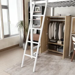 Simple Life Lit superposé métal, avec bureau, armoire, rangement, escalier incliné 4 marches, métal panneau blanc naturel, 90x200cm Discount