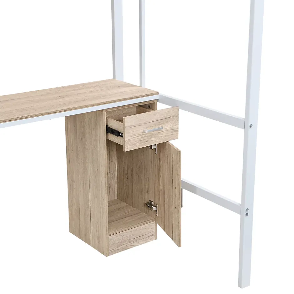 Simple Life Lit superposé métal, avec bureau, armoire, rangement, escalier incliné 4 marches, métal panneau blanc naturel, 90x200cm Discount